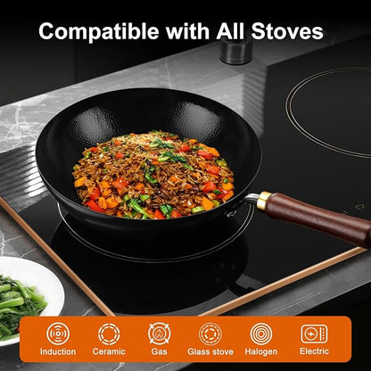Carbon Steel Wok Pan, 13.4-Inch Nonstick Pre-Seasoned Woks & Stir-Fry Pans with Glass Lid, No Chemical Coated Wok Round Bottom Hand Hammered Chinese Wok for Induction, Gas, Electric & All Stoves