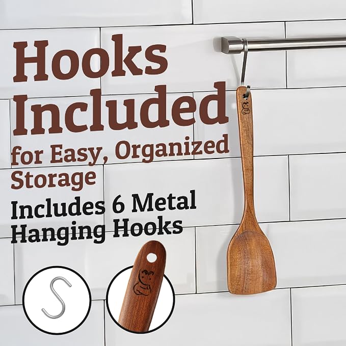 PriorityChef Wooden Spoons for Cooking, Premium 6pc Teak Wood Utensil Set with Hanging Hooks, Utensil Holder and Spoon Rest