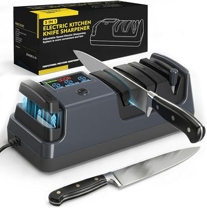 Electric Knife Sharpener for Kitchen - Professional 3-Stage Sharpening for Straight-Edge & Serrated Knives and Scissors, with 100% Diamond Abrasive (Grey)