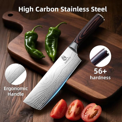 Nakiri Knife - Professional 7" Razor Sharp Meat Cleaver and Vegetable Kitchen Knife, Vegetable Chopping Knife, High Carbon Stainless Steel Blade with Ergonomic Handle