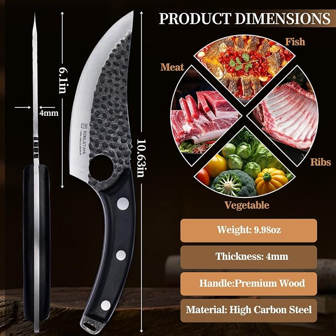 Chef Knife, Kitchen Knife for Boning,Cutting and Chopping,Stainless Steel Japanese Knife,Ergonomic Butcher Knife for Cutting Meat,Vegetables,Kitchen,Camping,Barbecue Meat Knives,Black