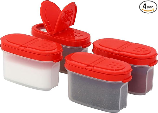 SIGNORA WARE Spice Jars with Lids - 4 oz Refillable Empty Airtight Spice/Seasoning Containers Set -2 in 1 Pour/Sift Shaker Lids Clear Plastic Spice/Seasoning Organizer Kitchen/Travel 4 pk.Red