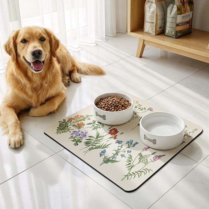 LOKHOM Dish Drying Mat for Kitchen Counter, 16"x18" Absorbent Coffee Bar Mat with Vintage Sage Flower Herbs, Dish Drainer Rack Mat for Kitchen Counter