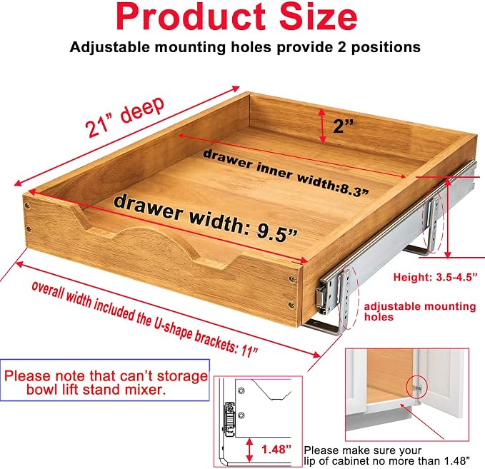 DINDON 1 Tier Pull Out Cabinet Organizer (11" W x 21" D) Single Tier Heavy Duty Sliding Wood Drawer Under Cabinet Shelf Organization Storage
