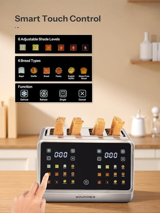 4 Slice Touchscreen Toaster, Digital Display Stainless Steel Toaster with Extra Wide Slots, 6 Shade Settings, Defrost Reheat Cancel Functions, Removable Crumb Tray