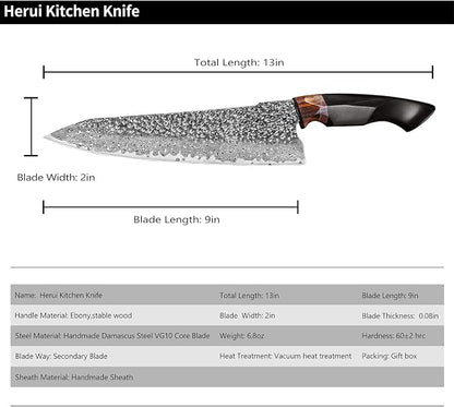 Japanese Professional Chef Knife,8.5in Handmade Damascus Steel VG10 Core Blade,Ebony Wood Handle,Cutting Cooking Gyuto Knives with Sheath for Kitchen