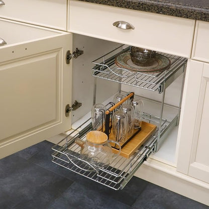 Sikarou Pull Out Cabinet Organizer 9" W x 21" D 2-Tier Individual Slide Out Drawer Pantry Shelf Storage for Kitchen Base Cabinet Organization for Kitchen, Bathroom, Pantry, Chrome