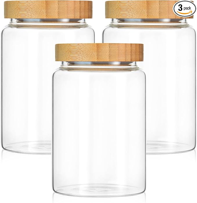 3 Pack 900 ml / 30 oz clear cute glass storage canister holder with airtight bamboo lid, modern decorative small container jar for coffee, spice, candy, salt, cookie, condiment, pepper, sugar