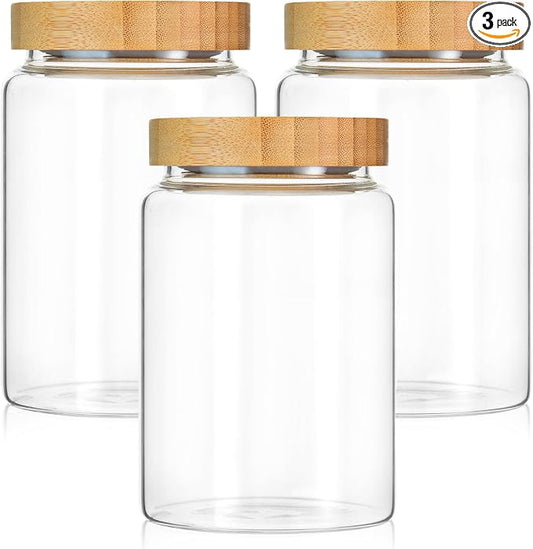 3 Pack 900 ml / 30 oz clear cute glass storage canister holder with airtight bamboo lid, modern decorative small container jar for coffee, spice, candy, salt, cookie, condiment, pepper, sugar