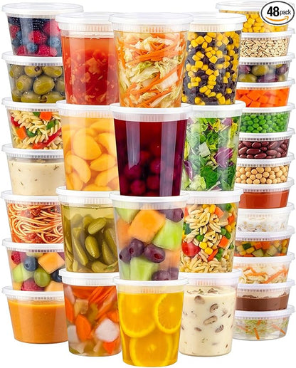 Lamosi Deli Containers with Lids 48 Sets, 32/16/8 oz X 16 Set Each, BPA Free & Airtight Plastic Food Containers with Lids for Soup and Takeout Meal Prep Storage, Freezer, Microwave & Dishwasher Safe