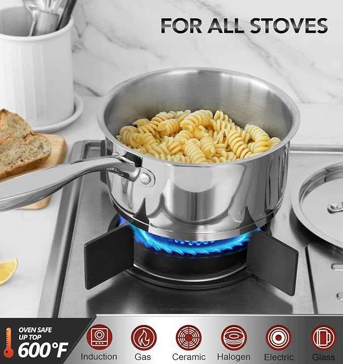 MICHELANGELO Stainless Steel Saucepan Set with Stainless Lids, Tri-Ply Bottom Sauce Pan with Lid, Sauce Pot Set 1QT & 2QT, Nonstick Saucepan, Dishwasher Safe