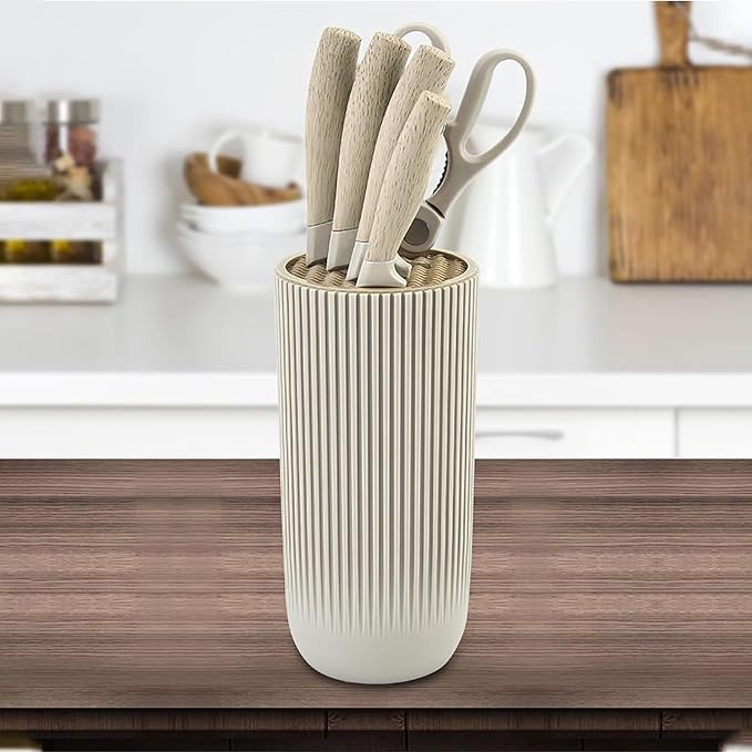 Luxury Aesthetic Kitchen Knife Set with Holder,6Pcs Beige Knife Set with Wood Grain Handle,Stainless Steel Chef Knives and Scissors,Gift for Cooking