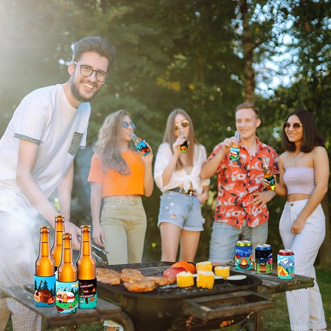 18 Pack Camping Can Cooler Sleeves Beer Drink Can Bottle Cooler Collapsible for Camp Themed Bachelorette Party Wedding Birthday Decorations Office Bar Supplies Favors