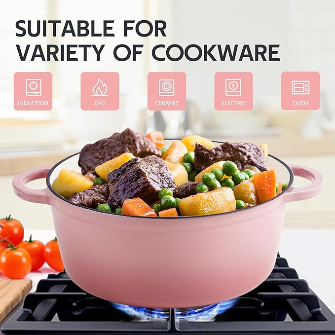 4 Quart Dutch Oven Enameled Cast Iron with Lid - Big Dual Handles - Oven Safe up to 500°F - Classic Round Pot for Versatile Cooking Pink