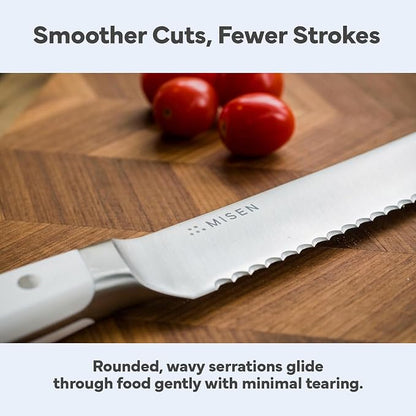Misen Serrated Bread Knife - High-Carbon Japanese AUS8 Steel - Perfect for Soft Foods, Bread, Pastries, and Fruits - Verstatile Slicer, Razor-Sharp Edge, Durable Blade, Ergonomic Handle - 10", White