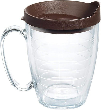 Tervis Clear & Colorful Lidded Made in USA Double Walled Insulated Tumbler Travel Cup Keeps Drinks Cold & Hot, 16oz Mug, Brown Lid