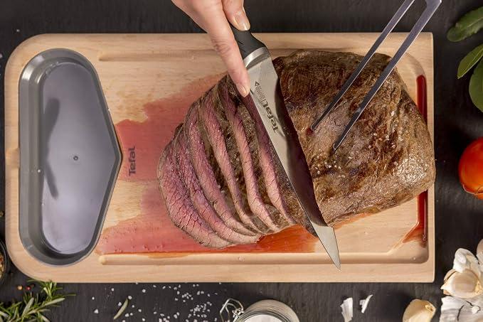 Tefal Wooden Knife Block 5pc Set- Ice Force Knives, German Stainless Steel & Premium Design - Bread 20 cm | Chef 20 cm | Santoku 18 cm | Utility 11 cm | Paring 9 cm - K232S574