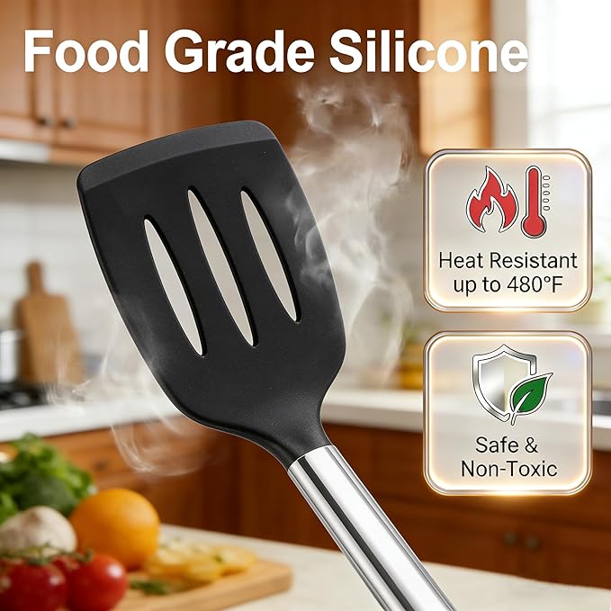 Vayvnt Silicone Cooking Utensils Set for Nonstick Cookware, 4 PCS Kitchen Silicone Spatula and Spoon Set with Stainless Steel Handle, Heat Resistant Kitchen Utensils, Dishwasher Safe, Black