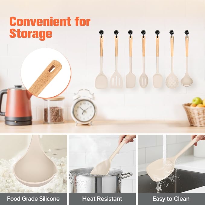 Silicone Cooking Utensils Set of 10 with Wooden Handle,No Scratch for Nonstick Cookware,Slotted Spoon&Spatula,Solid Spoon&Spatula,Large Measuring Ladle,Brush,Rice Paddle,Baking Turner&Flipper (Khaki)