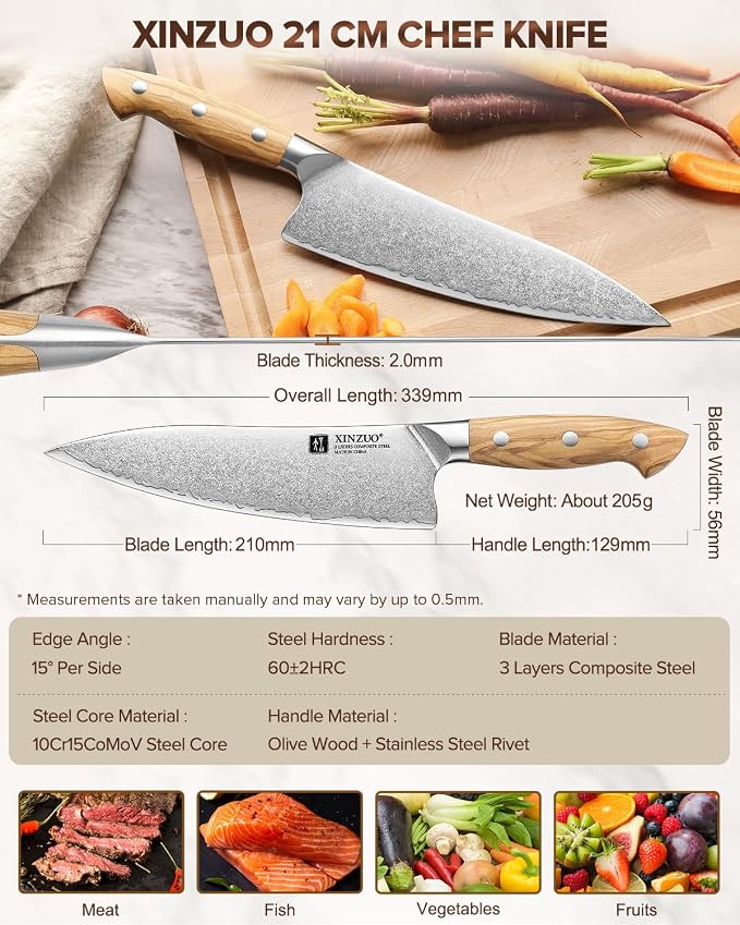 XINZUO Gyuto Chef Knife - 8.3 Inch Kitchen Knife 3 Layer 10Cr15Comov Steel Core High Carbon Steel Blade, Sharp Cutting Knife With Olive Wood + Stainless Steel Rivet Handle