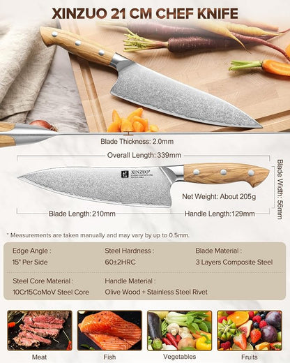XINZUO Gyuto Chef Knife - 8.3 Inch Kitchen Knife 3 Layer 10Cr15Comov Steel Core High Carbon Steel Blade, Sharp Cutting Knife With Olive Wood + Stainless Steel Rivet Handle