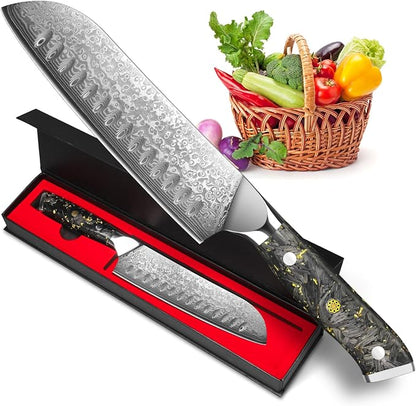 KEENZO Santoku knife 7 inch, Sharp Chef Knife, Professional kitchen knives,Japanese Hand Forged 67 Layers Hammered Damascus Steel Cooking Knife,Gold Foil Resin Handle with gift box