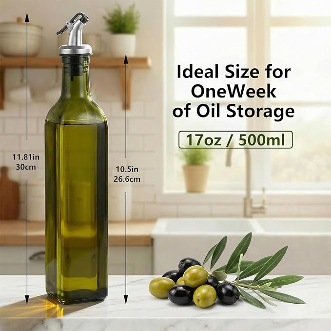 WERTIOO 4Pack Green Olive Oil Dispenser Bottle, 17 OZ Glass Oil Dispenser for Kitchen, 500ml Glass Bottles for Vinegar Oliveoil with Label and Funnel