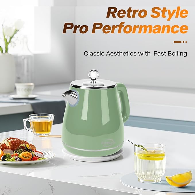 Retro Electric Kettle 1.8L, All Stainless Steel Hot Water Electric Kettle for Boiling Water, BPA Free Tea Kettle, 1350W Fast Boil, Auto Shut Off & Boil-Dry Protection