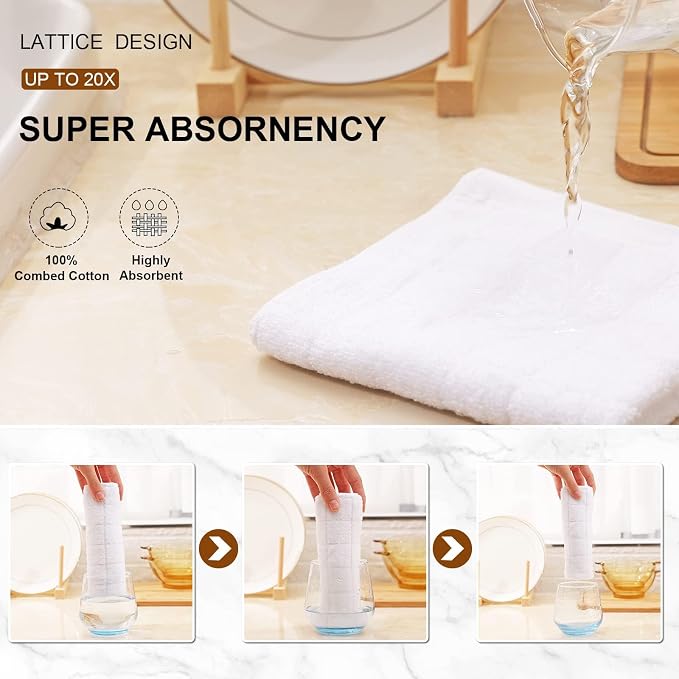 Mordimy 100% Cotton Terry Cloth Kitchen Towels, Super Soft and Absorbent Dish Towels for Drying, Checkered Designed Hand Towels for Kitchen, 13 x 28 Inches, 4 Pack, White