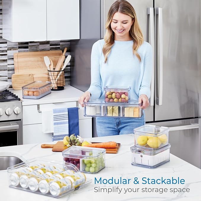 iDesign Crisp 7-Piece Recycled Plastic Refrigerator Organizer Bin Set with Lids, Clear/White