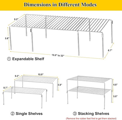 Set of 2 Kitchen Cabinet Organizer Shelves, Stackable Organizer and Storage for Cabinet Cupboard, Expandable Shelf Risers Plate Rack with Anti-slip Plastic Liner