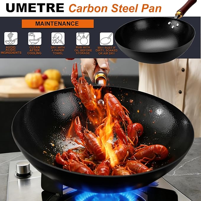 Carbon Steel Wok Pan, 11.8-Inch Nonstick Pre-Seasoned Woks & Stir-Fry Pans with Glass Lid, No Chemical Coated Wok Round Bottom Hand Hammered Chinese Wok for Induction, Gas, Electric & All Stoves