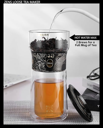 ZENS Cool Glass Teapot with Infuser, Smart One Touch Tea Maker for Loose Tea Diffusers with Insulated Mug and Portable Tea Kits, Enchanted Teapot Alternatives for Tea Lover Gifts