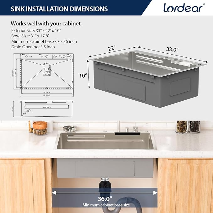Lordear 33x22 Inch Drop In Kitchen Sink Waterfall Functional T304 16 Gauge 33 Inch Workstation Stainless Steel Single Bowl Kitchen Sinks, 33X22X10 Inch