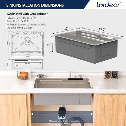 Lordear 33x22 Inch Drop In Kitchen Sink Waterfall Functional T304 16 Gauge 33 Inch Workstation Stainless Steel Single Bowl Kitchen Sinks, 33X22X10 Inch