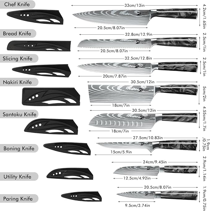 Dfito Chef Knife Sets with Roll Bag, 9 Pieces Professional Knife Set with Sharpener, High Carbon Stainless Steel Kitchen Chef Knife Set, Black Resin Handle, Dishwasher Safe