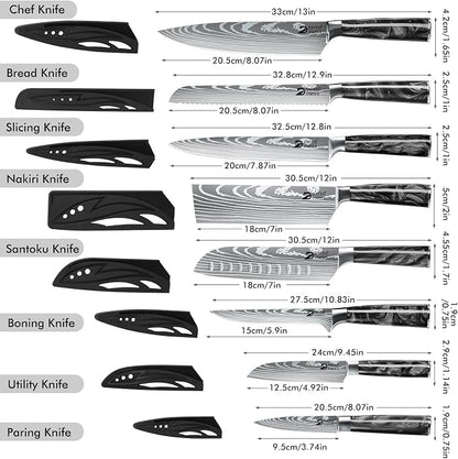 Dfito Chef Knife Sets with Roll Bag, 9 Pieces Professional Knife Set with Sharpener, High Carbon Stainless Steel Kitchen Chef Knife Set, Black Resin Handle, Dishwasher Safe