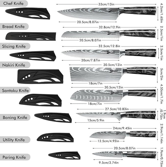 Dfito Chef Knife Sets with Roll Bag, 9 Pieces Professional Knife Set with Sharpener, High Carbon Stainless Steel Kitchen Chef Knife Set, Black Resin Handle, Dishwasher Safe