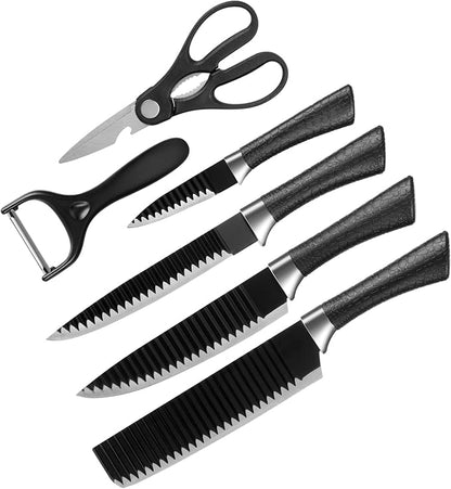 TJ POP 6-Piece Kitchen Knife Set, Non-Stick Coated Wavy-Grained Stainless Steel Blades, Non-Slip Ergonomic Handle, Lightweight Rustproof Sharp Chef's Knives for Home Cooking Restaurant Camping, Black