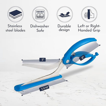 Blue Pizza Scissors - Non-Stick Pizza Scissors with Firm Grip Base - Food Grade Stainless Steel Pizza Cutter - 5-in-1 Food Slicer & Pizza Server - Durable, Safe & Mess Free