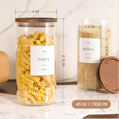 Set of 3 Glass Pantry Jars with Acacia Wood Lids, 45oz Airtight Glass Kitchen Canisters with 105 Labels, Clear Pantry Storage Containers for Coffee, Sugar, Oats, Pasta, Cookies