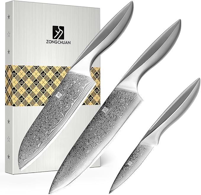 3 PCS Damascus Chef Knife Set, Ultra-Smooth Cutting Experience and Professional Grade Sharp, Kitchen Knife Set,Handle Ergonomic Design,9CR18MOV High Carbon Stainless Steel,Dishwasher Safe