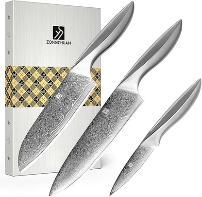 3 PCS Damascus Chef Knife Set, Ultra-Smooth Cutting Experience and Professional Grade Sharp, Kitchen Knife Set,Handle Ergonomic Design,9CR18MOV High Carbon Stainless Steel,Dishwasher Safe