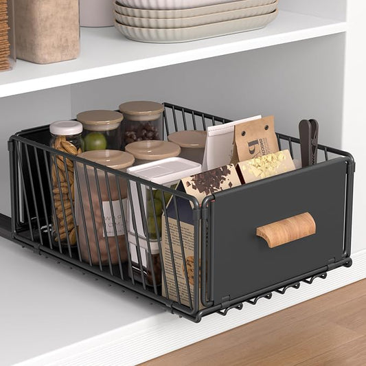MEKOTRICIN Pull Out Cabinet Organizer, Slide Out Drawer Organizers Storage Fixed with Adhesive,Sliding Pantry Shelves with Handle for Kitchen Cupboard Bathroom Home, 11.8x6.7in, Black