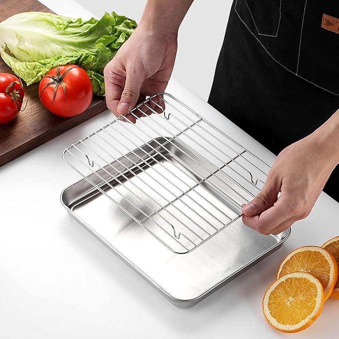 2-in-1 Stainless Steel Baking Sheet with Cooling Rack, Food Grade Oven Pan, Oven Safe, Warp Resistant, Heavy Duty, Easy Clean, Dishwasher Safe, for Baking, Roasting, Cooling, Draining Oil