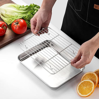 2-in-1 Stainless Steel Baking Sheet with Cooling Rack, Food Grade Oven Pan, Oven Safe, Warp Resistant, Heavy Duty, Easy Clean, Dishwasher Safe, for Baking, Roasting, Cooling, Draining Oil