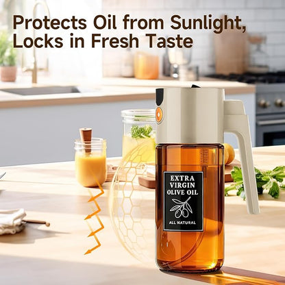 500ml Beige Glass Oil Sprayer, Dark-Tinted Glass Fine Mist Spray Bottle for Baking, Salad, Air Fryer, Light Cooking, Refillable 2-in-1 Oil Dispenser