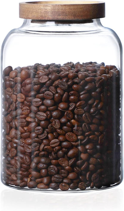MOLFUJ 2000ML 66FL Oz Glass Storage Container with Wood Lid Large Decorative Organizer Bottle Canister Pantry Jar with Air Tight Wooden Lid for Food Coffee Candy Cereal Rice Flour Pop Spaghetti