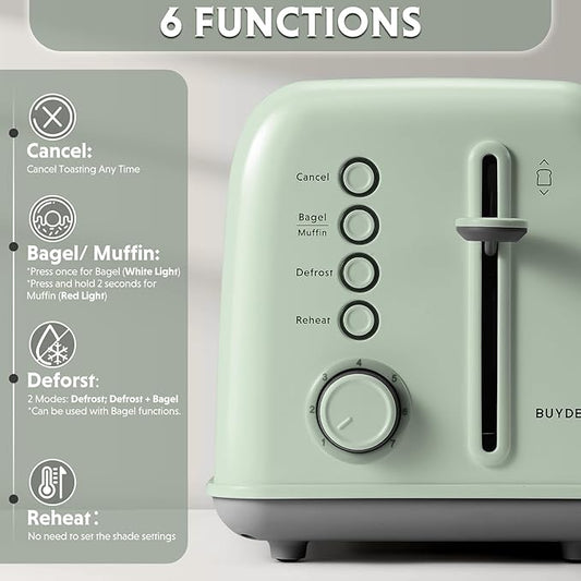 BUYDEEM DT620 2-Slice Toaster, 7 Shade Settings, Extra Wide 1.5'' Slots for Bagel & English Muffin, 6 Toasting Functions, Retro Stainless Steel Toaster with High Lift Lever, Cozy Greenish