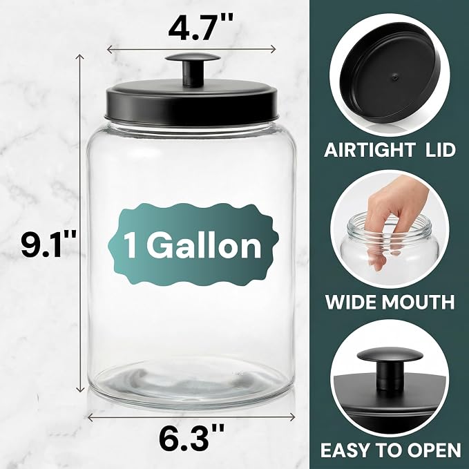 Pumtus 2 Pack Large Glass Jars with Metal Lid, 1 Gallon Clear Cookie Candy Jar, 125 OZ Airtight Food Storage Container, Empty Canister Set for Kitchen Counter, Pasta, Dog Treats, Snacks, 3.7 L